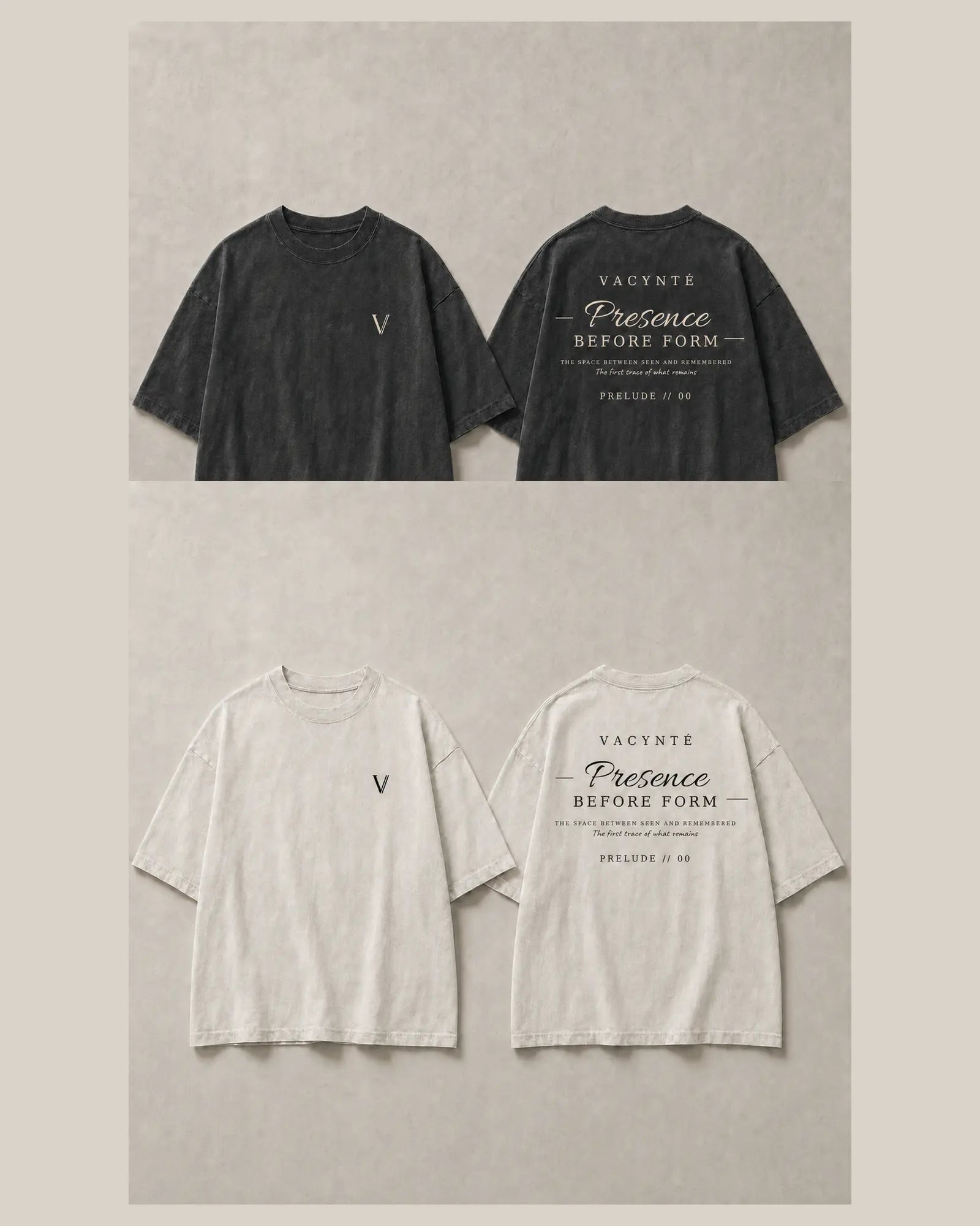 Faded-white VACYNTÉ Prelude Tee, front and back